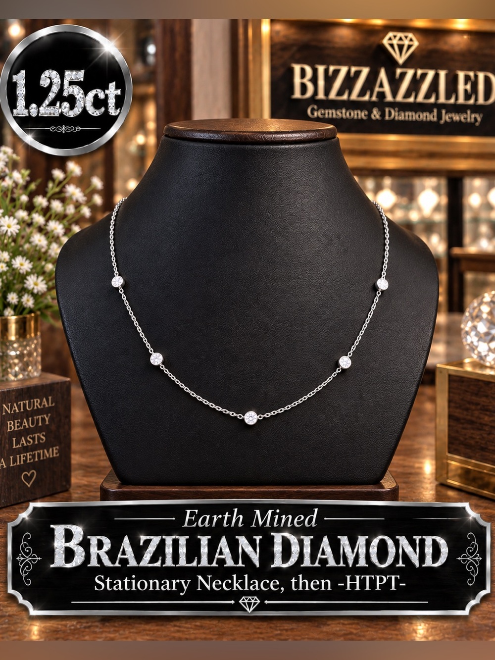 Certified Diamond Stationary Necklace. 14k white gold on Silver 1.25ct Bezel set
